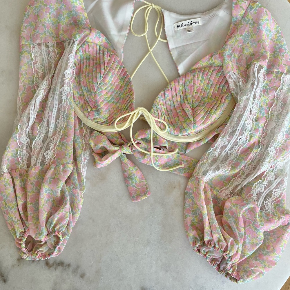 For Love & Lemons Pastel Floral Lace Crop Top - Pink & Yellow